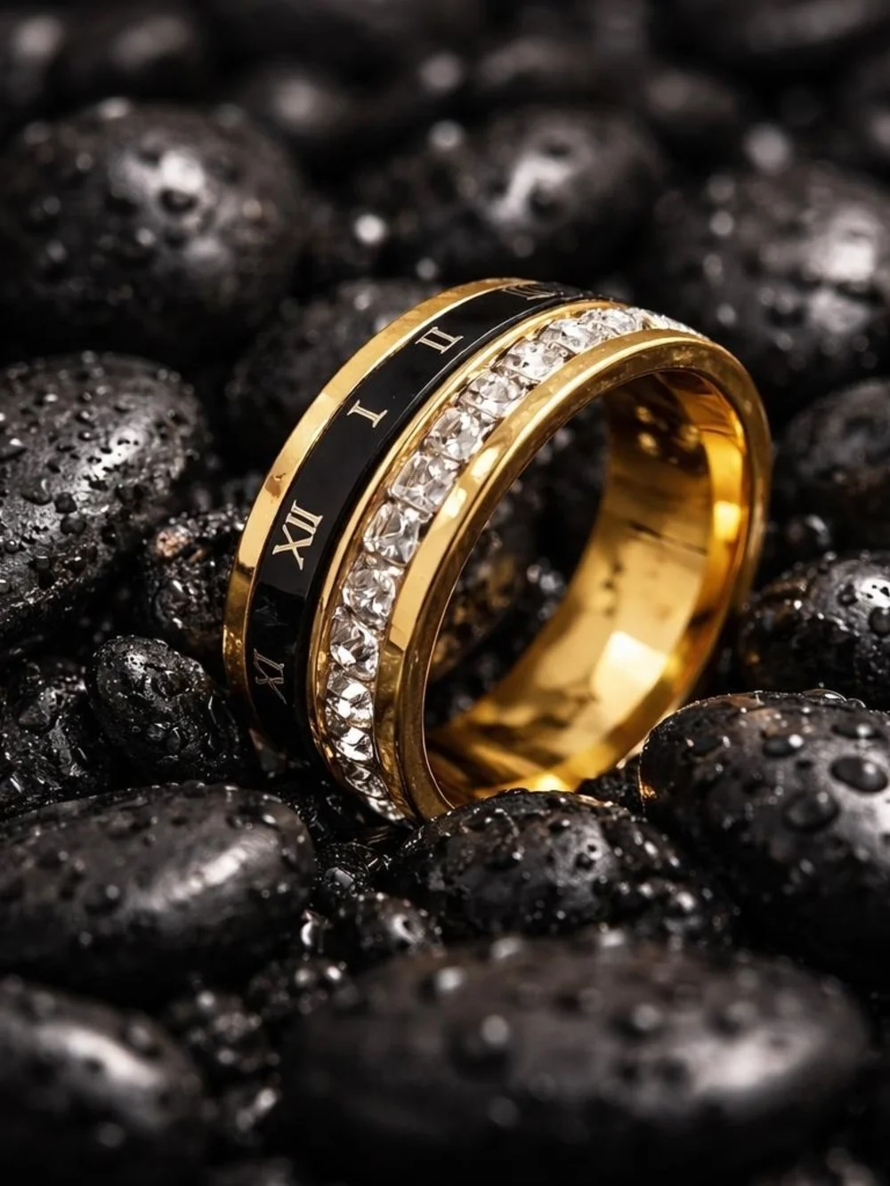 Gold and Black Stackable Ring Set with Clear Stones